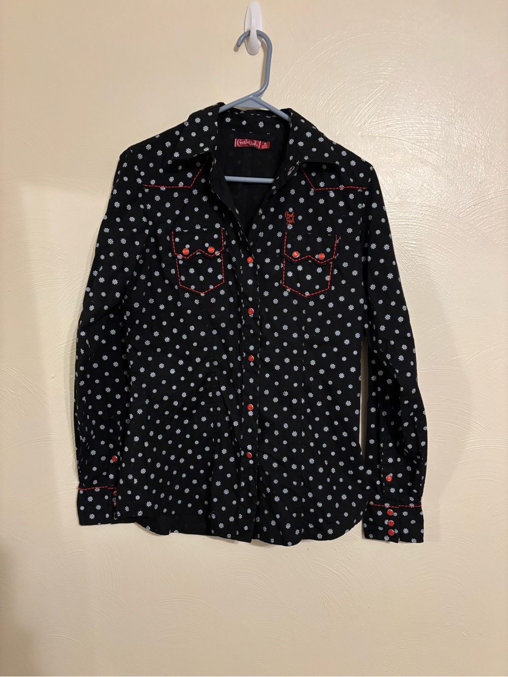 Cruel Girl Women’s M Western Pearl Snap Shirt Black Floral Red Cowgirl